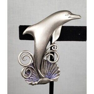 Vintage 1986 Signed Jonette Jewelry JJ Pewter Dolphin Shell Glitter Brooch